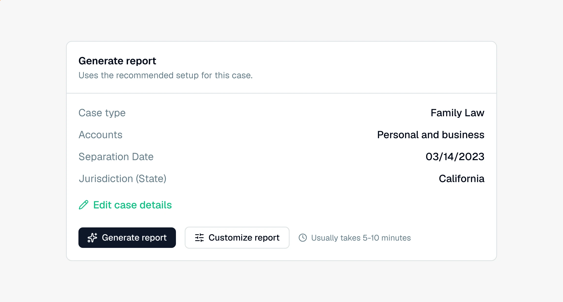 The CounselPro AI Analysis tab with a Generate report card listing the case type and accounts, a Generate report button, and the Customize report button ringed.