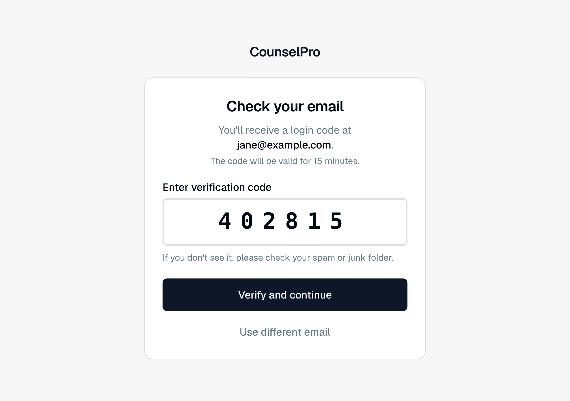 The Check your email login screen with the Use different email link ringed below the Verify and continue button.