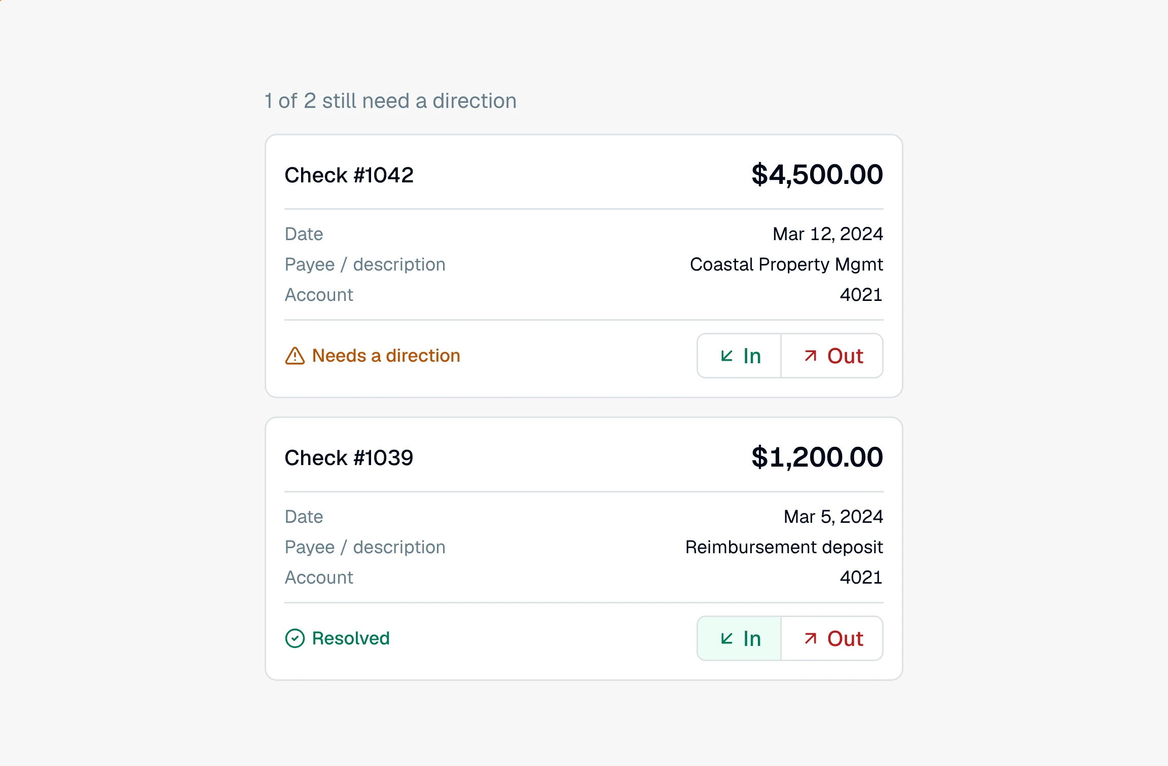 CounselPro check review cards, one flagged "Needs a direction" with an In / Out control and one marked Resolved, each showing the check number, amount, date, payee, and account.