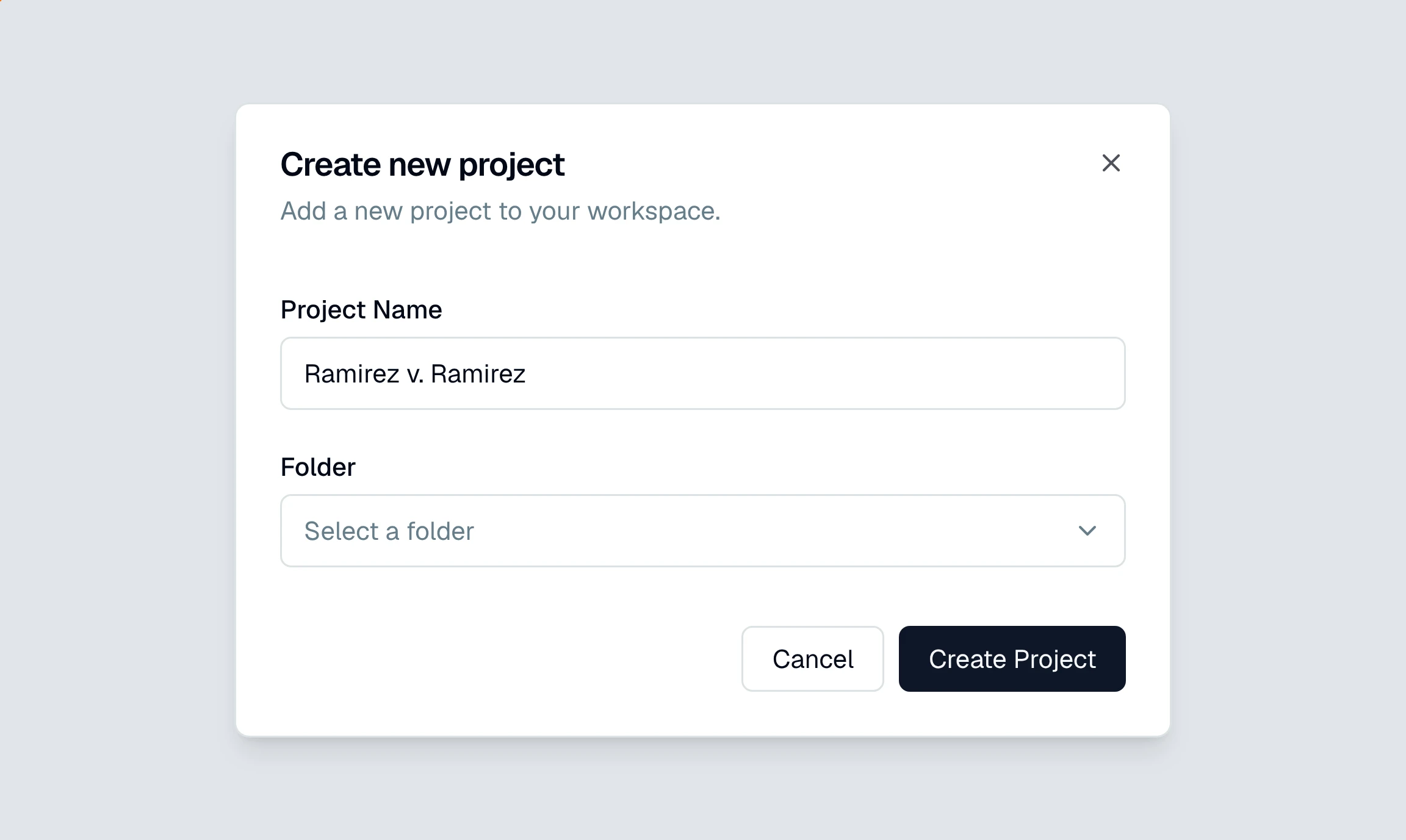 CounselPro Create new project dialog over the Projects page, with the Project Name field filled in and the Create Project button ringed.