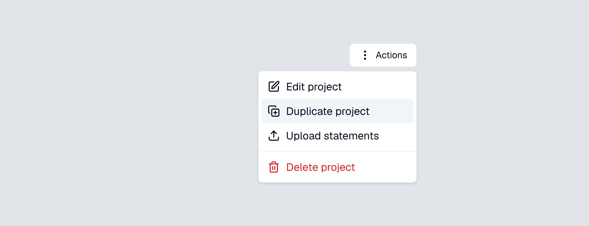 CounselPro project Actions menu open with the "Duplicate project" item ringed.