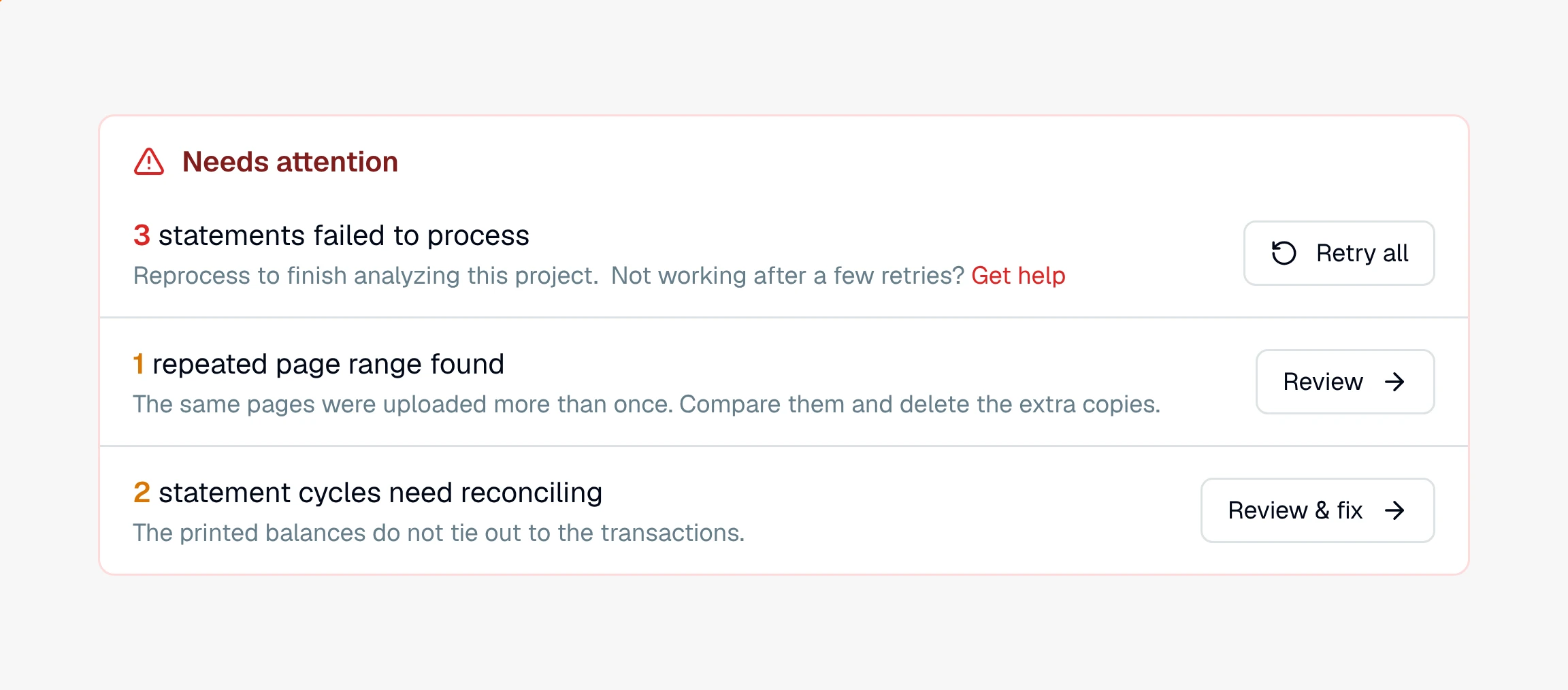 CounselPro Needs attention panel listing failed statements, a repeated page range, and statement cycles that need reconciling, each with an action button.