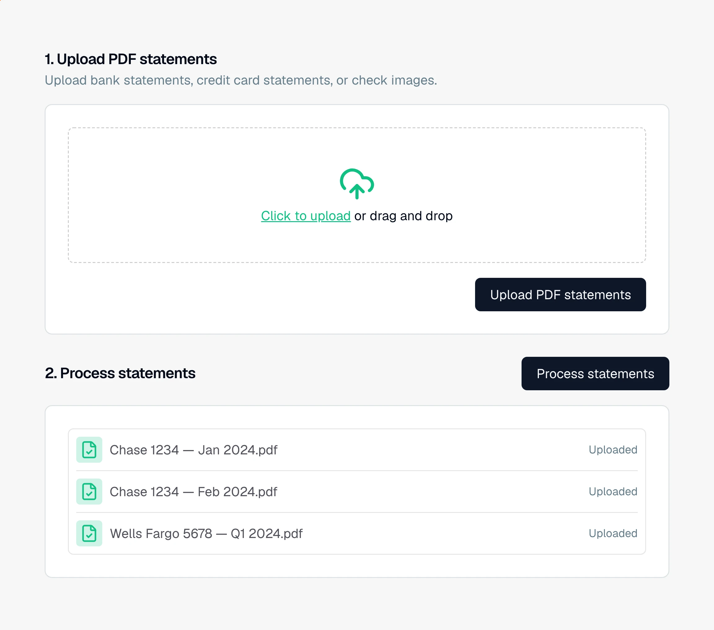 CounselPro new project setup screen with three uploaded PDF statements listed and the Process statements button ringed.