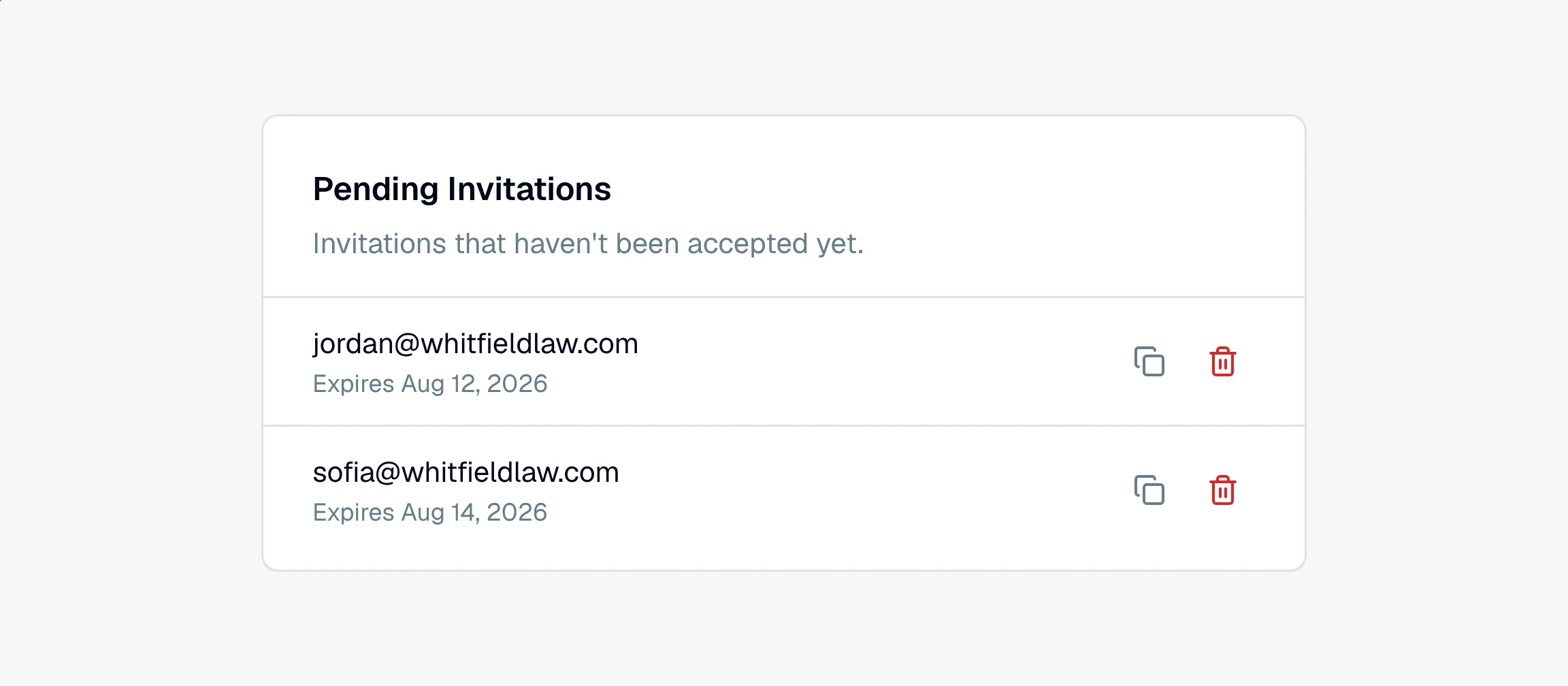 CounselPro Pending Invitations card listing invited emails with their expiry dates, a copy-link control, and a trash Revoke control on each row.