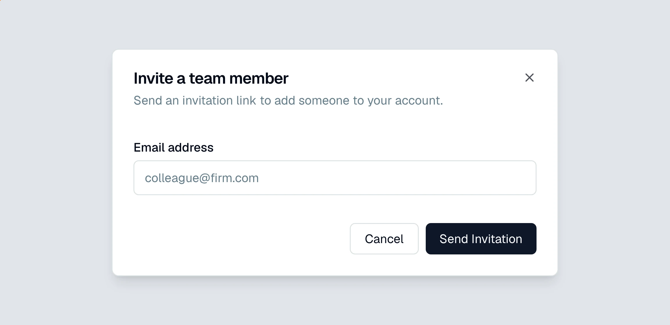 CounselPro "Invite a team member" dialog with an Email address field and a Send Invitation button.