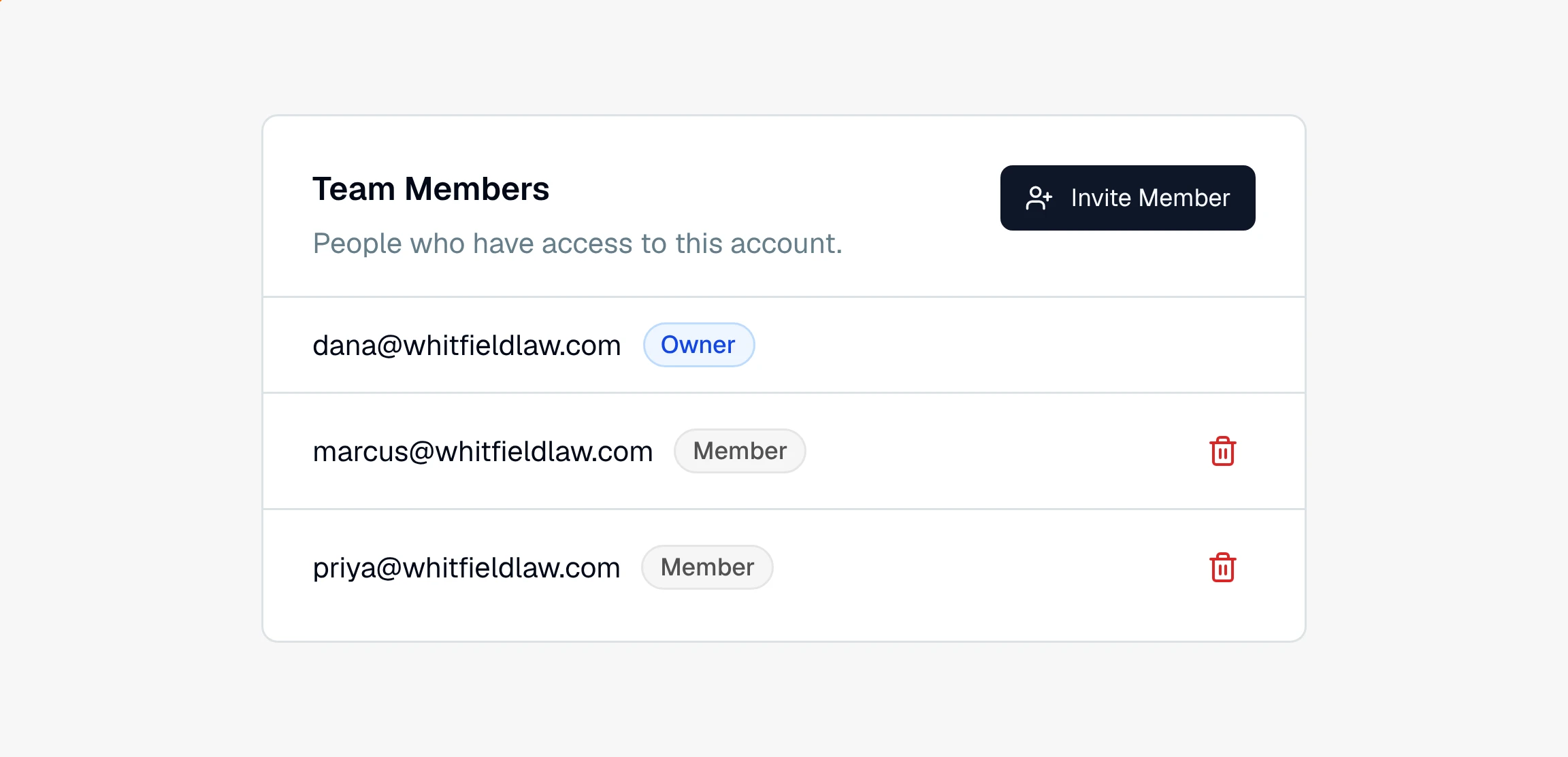 CounselPro Team Members list showing several members, each with their email and an Owner or Member label.